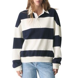 Aritzia TNA Lomu Polo Longsleeve Rugby Shirt in Navy & Cream Mighty Cotton Sz XL